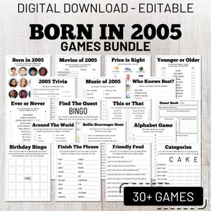 May include: A digital download bundle of party games with a black background and white text. The title "BORN IN 2005 GAMES BUNDLE" is displayed prominently. Includes games like "2005 Trivia", "Bingo", and "Friendly Feud".