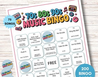 Bingo Musical dos Anos 70, 80 e 90, Bingo das Décadas, Jogo para Imprimir com 200 Cartelas de Bingo, Playlist do Spotify, Download Digital para Reunião de Família ou Festa