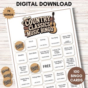 Puede incluir: Una tarjeta de juego Country Classics Music Bingo de descarga digital con un gráfico de sombrero de vaquero marrón y guitarra acústica. La cuadrícula contiene títulos de canciones, nombres de artistas, un espacio libre y fichas.