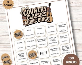 Puede incluir: Descarga digital de un juego de bingo Country Classics Music. El juego incluye 75 canciones y 100 cartones de bingo. El diseño presenta una guitarra y un sombrero de vaquero, con títulos de canciones y nombres de artistas.