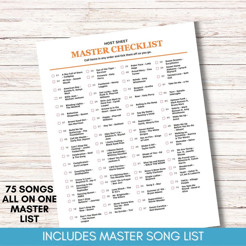 May include: A white sheet with a master checklist of 75 songs, including titles like "Bohemian Rhapsody" and "Poker Face." The sheet has the text "Master Song List" at the bottom.