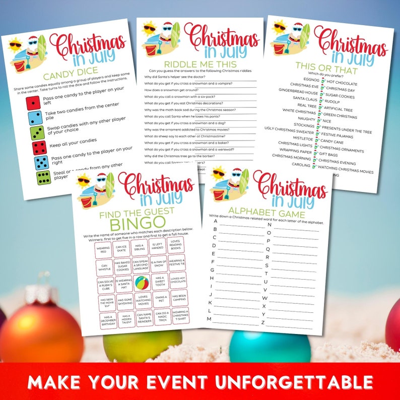 Christmas in July Printable Games Bundle - 20 Fun Party Games for Festive Summer Celebrations!