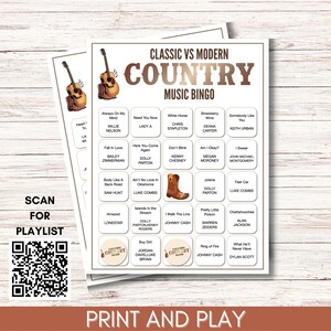 Modern vs Classic Country Music Bingo – 200 Cards Printable Party Game (Large Group)