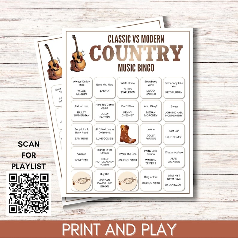 Modern vs Classic Country Music Bingo – 200 Cards Printable Party Game (Large Group)