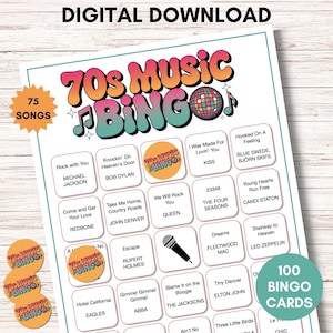 Pode incluir: Um download digital de um jogo de Bingo de Música dos anos 70. O jogo apresenta um design colorido com uma bola de discoteca e o texto "70s Music Bingo". Inclui 75 músicas e 100 cartelas de bingo. Fichas de bingo adicionais estão incluídas.