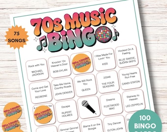 70s Music Bingo Game – 100 Printable Cards – Fun Party Activity with Spotify Playlist – Instant Download for Retro Themed Events