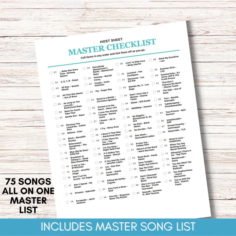 May include: A white checklist titled "Master Checklist" with song titles and artist names. The text "75 Songs All On One Master List" is at the bottom. The checklist includes a "Master Song List".