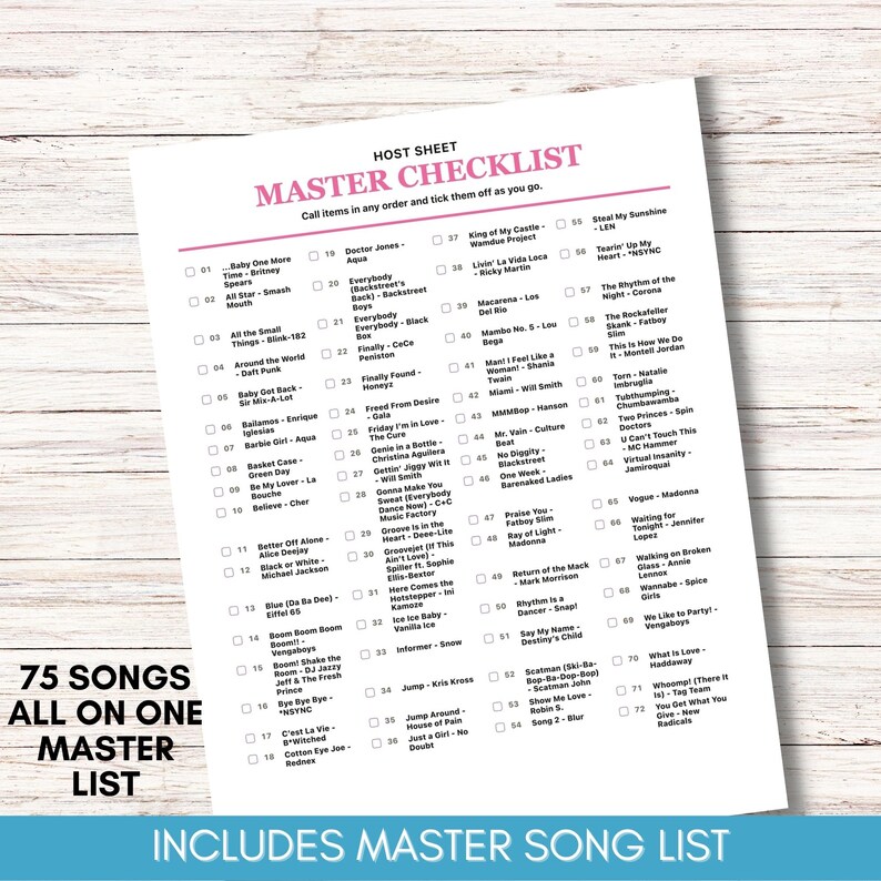 Peut inclure: Une feuille de papier blanche intitul&eacute;e "HOST SHEET MASTER CHECKLIST" avec une liste de 75 chansons. La liste comprend des titres de chansons et des artistes, tels que "Baby One More Time" de Britney Spears. Le texte "75 SONGS ALL ON ONE MASTER LIST" est &eacute;galement visible.