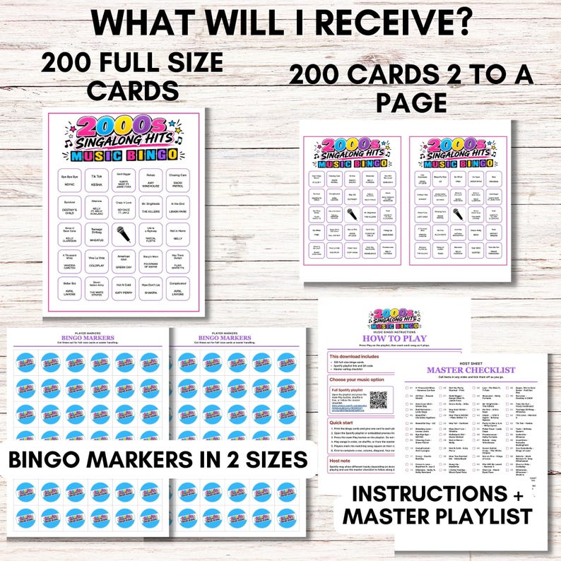 Puede incluir: Un juego de bingo musical 2000s Singalong Hits que incluye 200 tarjetas de tama&ntilde;o completo, 200 tarjetas formateadas dos por p&aacute;gina, marcadores de bingo en dos tama&ntilde;os, instrucciones y una lista de reproducci&oacute;n maestra. Textos y gr&aacute;ficos coloridos.