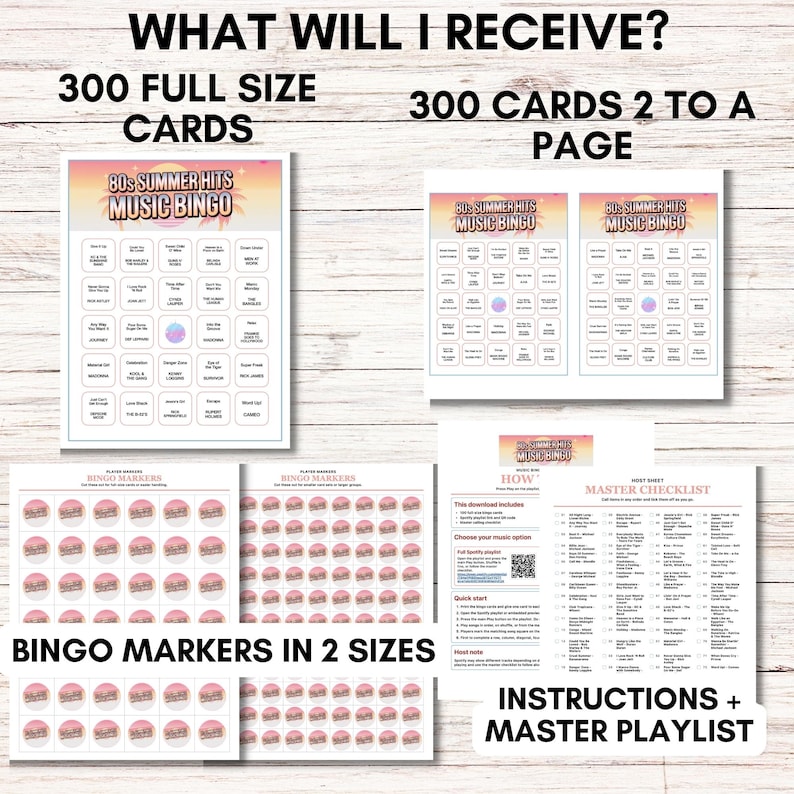 May include: A collection of '80s Summer Hits Music Bingo game materials. Includes 300 full-size cards, 300 cards per page, bingo markers in two sizes, and instructions with a master playlist. The game cards feature a colorful design.