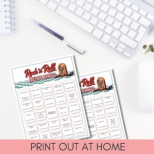 May include: Two Rock 'n' Roll Music Bingo game cards with a retro jukebox graphic. The cards have song titles and the text "Print Out At Home" at the bottom. A keyboard, mouse, and pen are in the background.