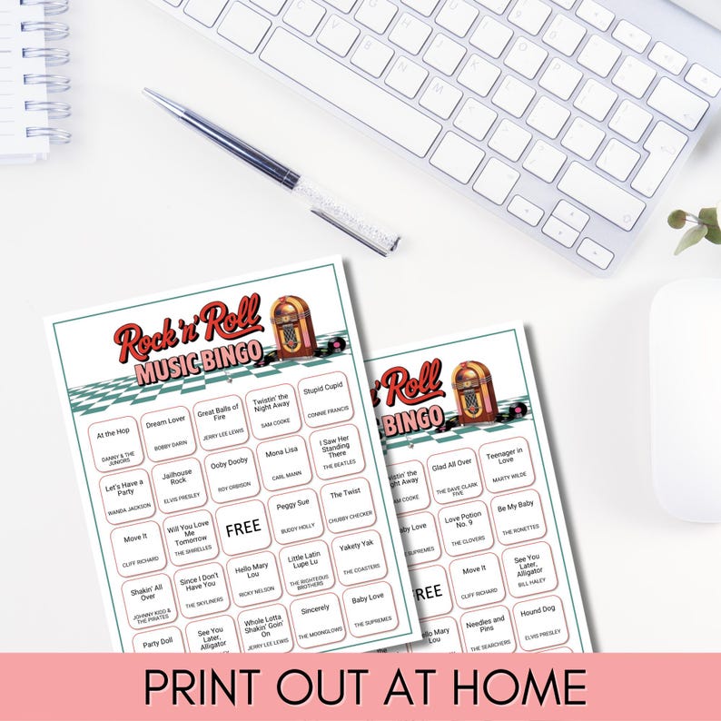 May include: Two Rock 'n' Roll Music Bingo game cards with a retro jukebox graphic. The cards have song titles and the text "Print Out At Home" at the bottom. A keyboard, mouse, and pen are in the background.