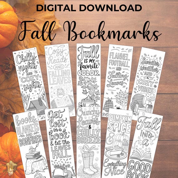 Fall Coloring Bookmarks, Printable Autumn Bookmarks for Kids, DIY Craft, Color Your Own, Instant Download