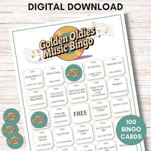 Golden Oldies Music Bingo – Jogo de músicas dos anos 50 e 60, cartões para impressão para diversão em família e festas em centros para idosos – Inclui versão com quadrados musicais
