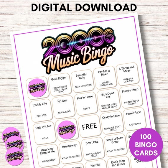 2000s Music Bingo, Printable Music Game, Party Game, Instant Download, Y2K Music Trivia, Fun Group Activity