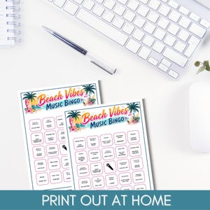 May include: Two printed Beach Vibes Music Bingo game cards featuring a colorful tropical header with palm trees, a surfboard, and a seashell. Each card contains a grid of song titles and artist names, with a microphone icon in the center square.