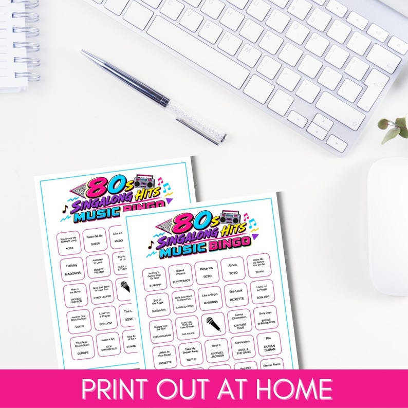 May include: Two printed 80s Singalong Hits Music Bingo game cards featuring a colorful graphic header with a boombox, musical notes, and the text 80s Singalong Hits Music Bingo. Each card contains a grid of song titles and artist names.