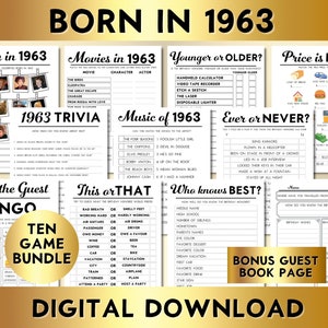 以下が含まれることがあります： 1963 年の誕生日パーティー用の、印刷可能なパーティーゲーム10個のデジタルダウンロードバンドル。ゲームには、「1963 年生まれ」、「1963 年の映画」、「年上か年下か」、「値段は正しい」、「1963 年のトリビア」、「1963 年の音楽」、「今までにやったことあるか」、「ゲストビンゴを見つける」、「これかあれか」、「誰が知っているか？」、そして「ボーナスゲストブックページ」が含まれています。