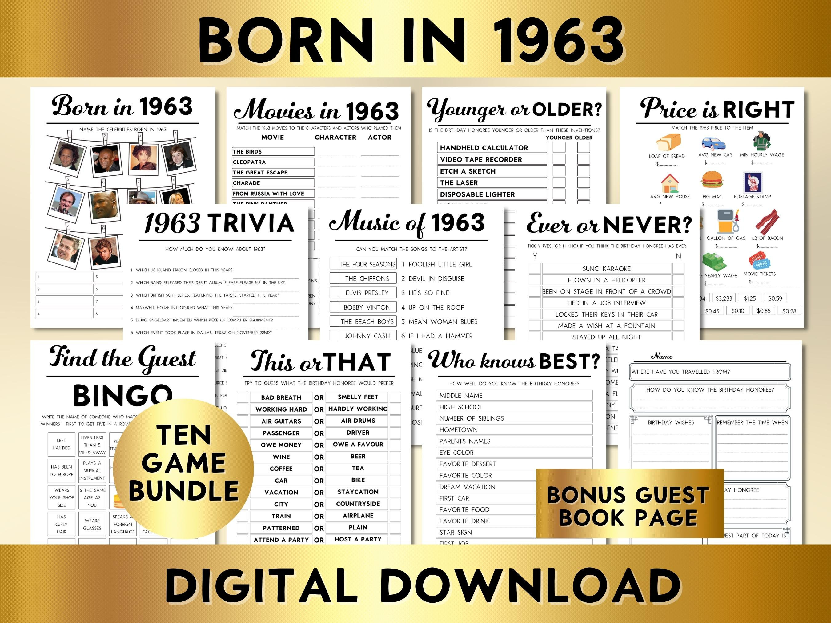 62nd Birthday Party Games, Born in 1963, Printable 10 Game Bundle, Instant Download, Editable, Personalize, Music, Trivia, Guest Book BP001