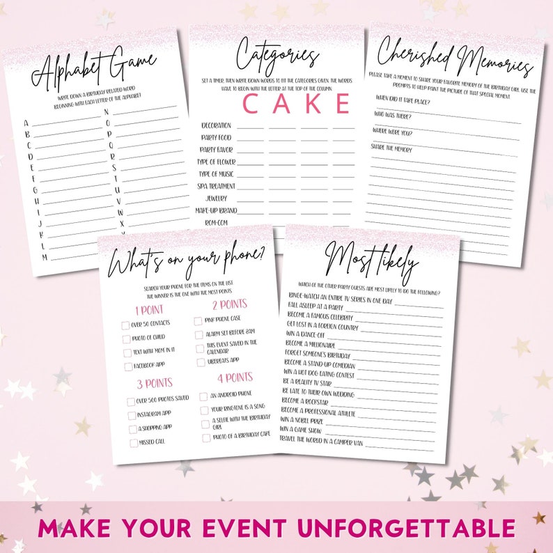 Birthday Games For Her, Editable Printable 20 Game Bundle, Modern Birthday Party Ideas, 21st, 30th, 50th, 60th, Personalize in Canva