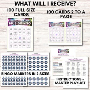 May include: Printed music bingo game materials. The image shows 100 full-size cards, 100 cards with two per page, bingo markers in two sizes, and instructions with a master playlist. The game is themed around 2000s party anthems.