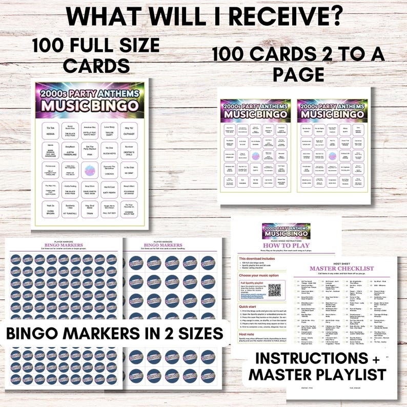 May include: Printed music bingo game materials. The image shows 100 full-size cards, 100 cards with two per page, bingo markers in two sizes, and instructions with a master playlist. The game is themed around 2000s party anthems.