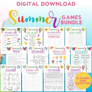Paquete de juegos de fiesta de verano, 12 juegos y actividades imprimibles, fiesta en la piscina, diversión familiar, actividades de fin de escuela