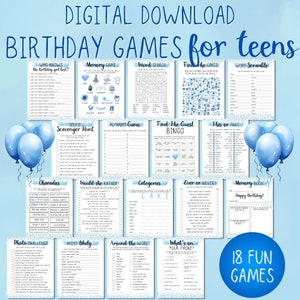 Op de afbeelding: Een printbare set van 18 blauwe en witte verjaardagsspellen voor tieners. De spellen omvatten "Wie kent het beste het verjaardagsmeisje?", "Geheugenspel", "Woordzoeker", "Zoek de taarten", "Woordpuzzel", "Selfie-speurtocht", "Alfabetische spel", "Vind de gast Bingo", "Dit of Dat", "Charades", "Zou ze liever", "Categorieën", "Ooit of Nooit", "Geheugenboek", "Foto-uitdaging", "Meest waarschijnlijk", "Rond de wereld", en "Wat staat er op je telefoon?"