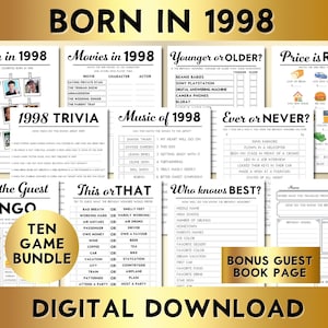 May include: A printable 1998-themed party game bundle with ten different games, including "Find the Guest Bingo", "This or That", "Who Knows Best", "Price is Right", "Ever or Never", "Music of 1998", "1998 Trivia", "Younger or Older", "Movies in 1998", and "Born in 1998".