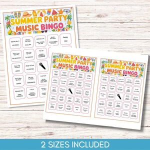 May include: Two sheets of "Summer Party Music Bingo" game cards. The cards feature a colorful design with summer-themed illustrations and song titles. The text "2 Sizes Included" is at the bottom.
