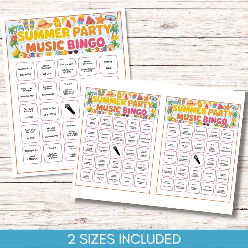 May include: Two sheets of "Summer Party Music Bingo" game cards. The cards feature a colorful design with summer-themed illustrations and song titles. The text "2 Sizes Included" is at the bottom.