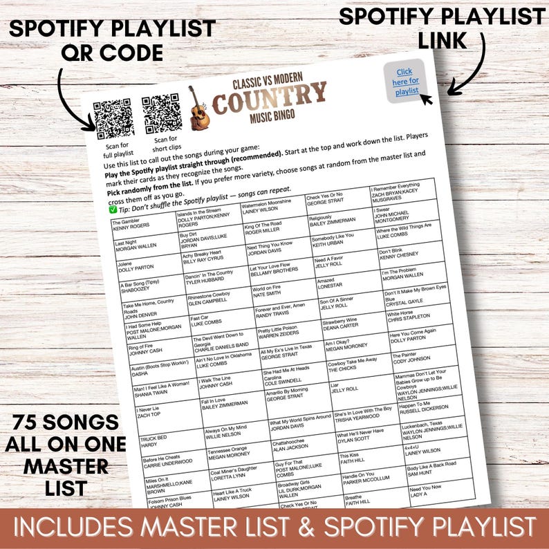 Modern vs Classic Country Music Bingo – 200 Cards Printable Party Game (Large Group)