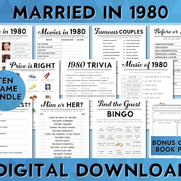 44th Wedding Anniversary Party Games, Married in 1980, Sapphire Wedding Printable 10 Game Bundle, Instant Download, Icebreaker, Guest Book
