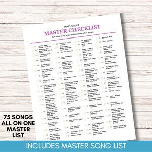 May include: A printed checklist with 75 song titles and artists, including "Crazy in Love" by Beyonc&eacute;. The checklist is titled "Master Checklist" and has a purple header. The text "Includes Master Song List" is at the bottom.