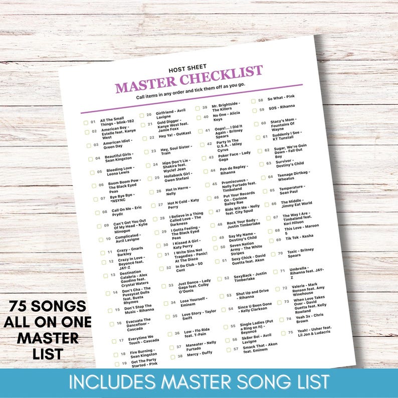 May include: A printed checklist with 75 song titles and artists, including "Crazy in Love" by Beyonc&eacute;. The checklist is titled "Master Checklist" and has a purple header. The text "Includes Master Song List" is at the bottom.