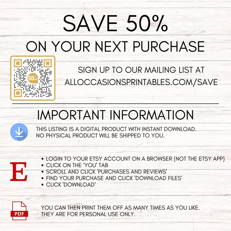 May include: A digital product advertisement with the text "SAVE 50% ON YOUR NEXT PURCHASE." Includes instructions on how to download the digital product. The listing is a digital product with instant download; no physical product will be shipped.