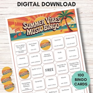 Summer Vibes-muziekbingo – afdrukbaar spel met 100 bingokaarten, poolparty, gezinsactiviteit, vakantiespel – inclusief 'muziekvierkanten'