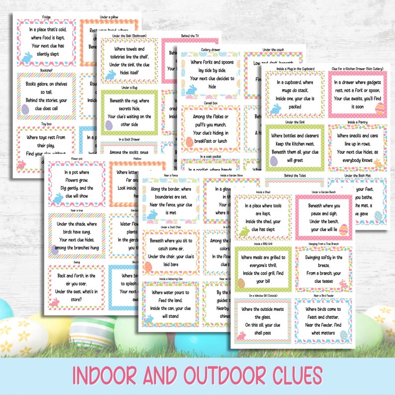 Easter Scavenger Hunt For Kids, Indoor Outdoor Easter Game, Treasure Hunt Clues, Easter Hunt Clues, Easter Egg Hunt, Kids Easter Activities