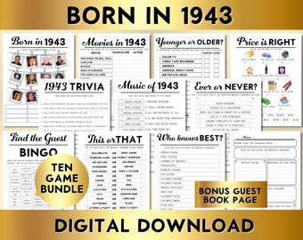 82nd Birthday Party Games, Born in 1943, Printable 10 Game Bundle, Instant Download, Music, Trivia, Guest Book BP001