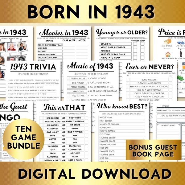 81st Birthday Party Games, Printable, Born in 1943, 10 Game Bundle, Instant Download, Bingo, Price Is Right, Music, Trivia, Guest Book BP001