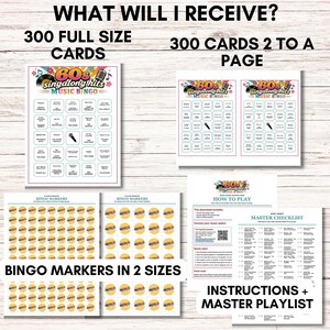 May include: A 60s singalong hits music bingo game set including 300 full-size cards, 300 cards formatted two to a page, bingo markers in two sizes, a how-to-play guide, and a master checklist with a playlist. The text includes WHAT WILL I RECEIVE?