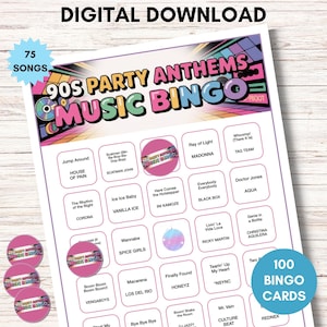 Peut inclure: T&eacute;l&eacute;chargement num&eacute;rique d'un jeu de bingo musical des hymnes des ann&eacute;es 90. Le jeu comprend 75 chansons et 100 cartes de bingo. Le design pr&eacute;sente une esth&eacute;tique r&eacute;tro color&eacute;e avec les mots "90s Party Anthems Music Bingo" en grandes lettres.