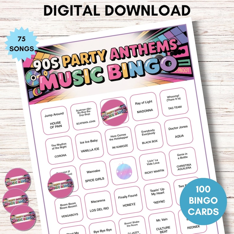 Peut inclure: T&eacute;l&eacute;chargement num&eacute;rique d'un jeu de bingo musical des hymnes des ann&eacute;es 90. Le jeu comprend 75 chansons et 100 cartes de bingo. Le design pr&eacute;sente une esth&eacute;tique r&eacute;tro color&eacute;e avec les mots "90s Party Anthems Music Bingo" en grandes lettres.