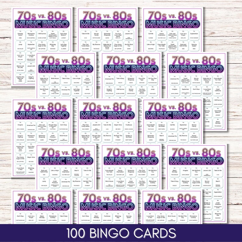 70s vs 80s Music Bingo, Printable Music Game, Party Game, Instant Download, Fun Group Activity, Retro Music Trivia