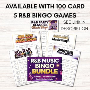 R&B Music Bingo Bundle – 5 Games | 200 Cards, 80s, 90s, 2000s, 2010s, Party Classics, Printable Party Game