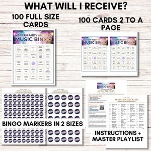 May include: A collection of printed materials for a music bingo game. Includes 100 full-size cards, 100 cards with two per page, bingo markers in two sizes, instructions, and a master playlist. The game cards feature the text "Modern Party Anthems Music Bingo."