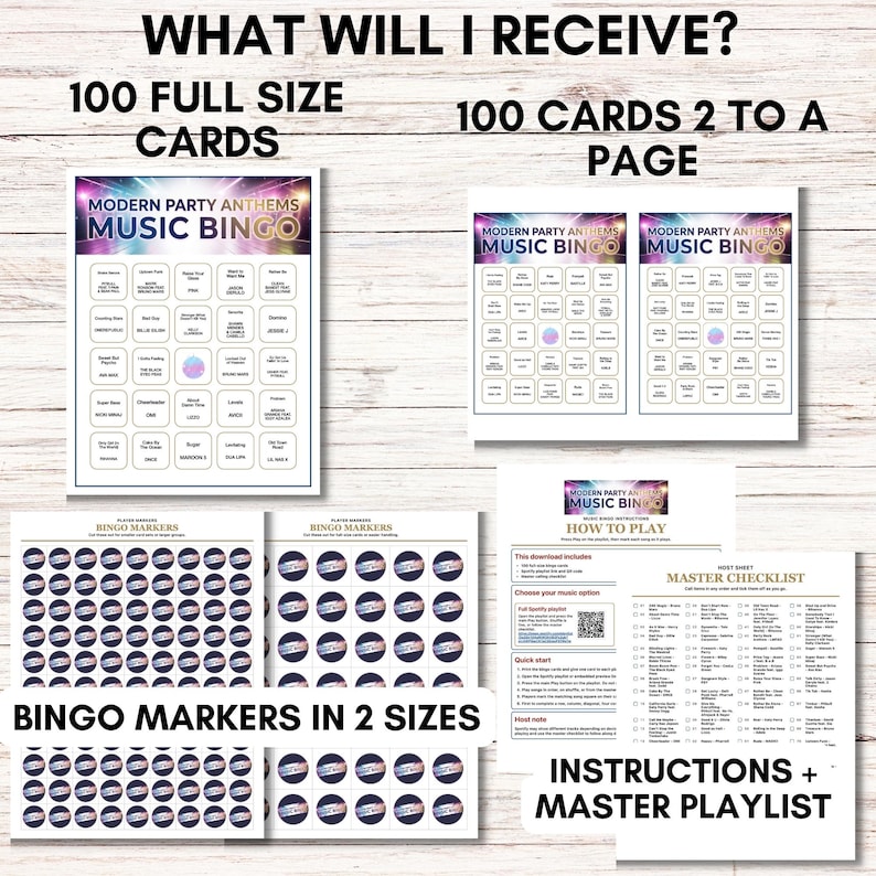May include: A collection of printed materials for a music bingo game. Includes 100 full-size cards, 100 cards with two per page, bingo markers in two sizes, instructions, and a master playlist. The game cards feature the text "Modern Party Anthems Music Bingo."