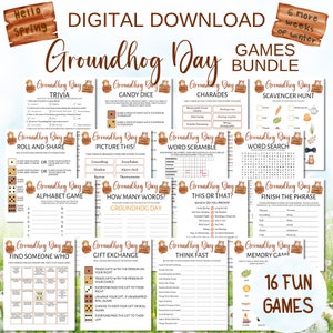 Groundhog Day Games, 16 Game Printable Bundle,  Party Idea, February 2nd Groundhog Day,  Party Games