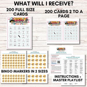 May include: A 60s singalong hits music bingo game set including 200 full-size cards, 200 cards formatted two to a page, bingo markers in two sizes, instructions, and a master checklist. The game features colourful graphics with records and microphones.