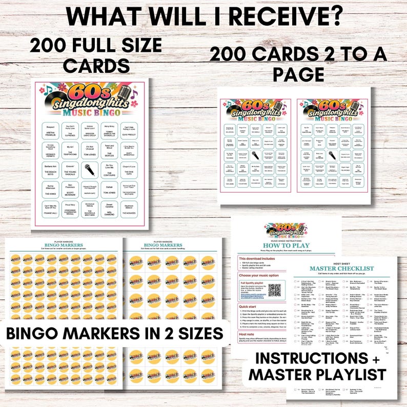 May include: A 60s singalong hits music bingo game set including 200 full-size cards, 200 cards formatted two to a page, bingo markers in two sizes, instructions, and a master checklist. The game features colourful graphics with records and microphones.